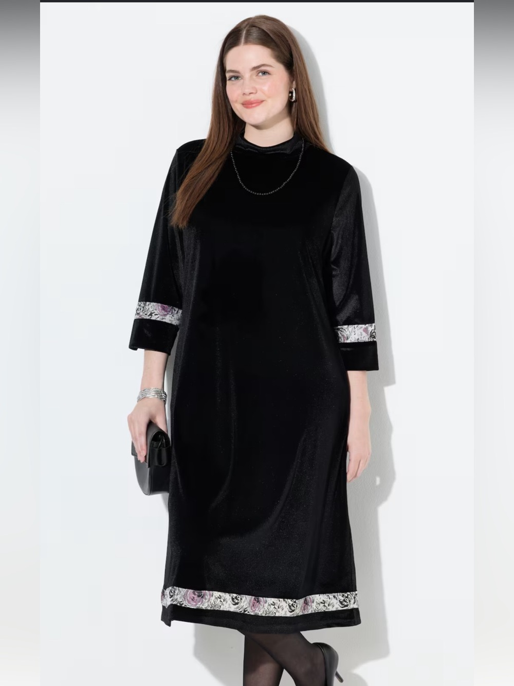 Ulla Popken Velvet Floral Trim Midi Dress Black Size 20/22